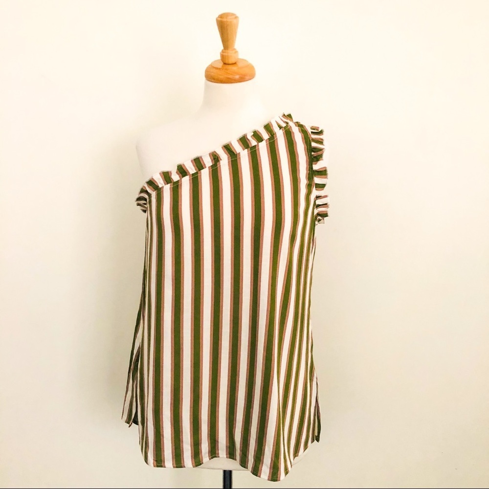 Show Me Your Mumu Ulani One Shoulder Ruffle Top Olive Stripe NWT Size S - Picture 5 of 15